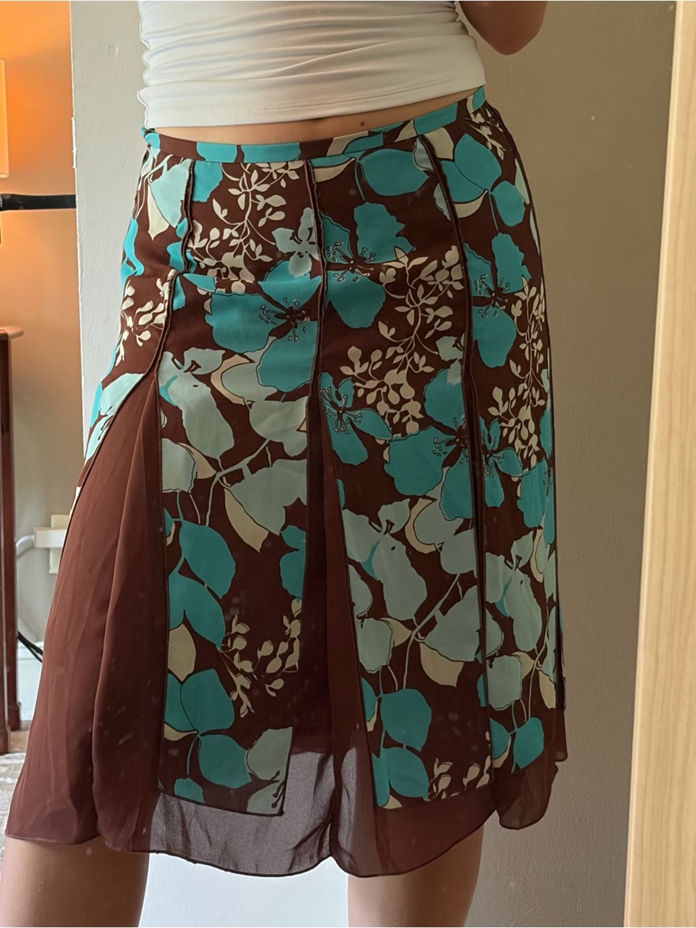 Turquoise Floral Panel Midi Skirt - Brown Base